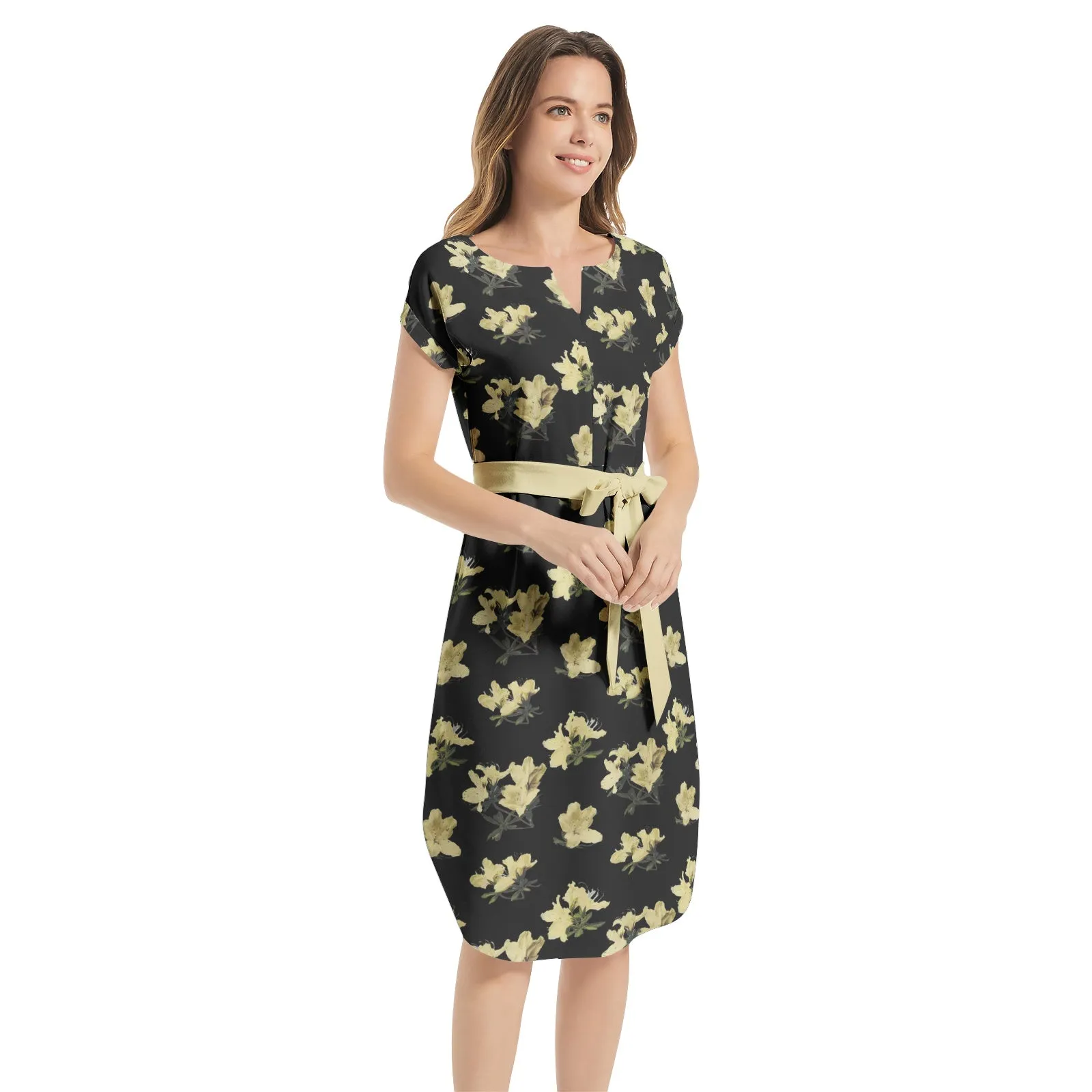 Azalea Print Notched Neck Belted Dress