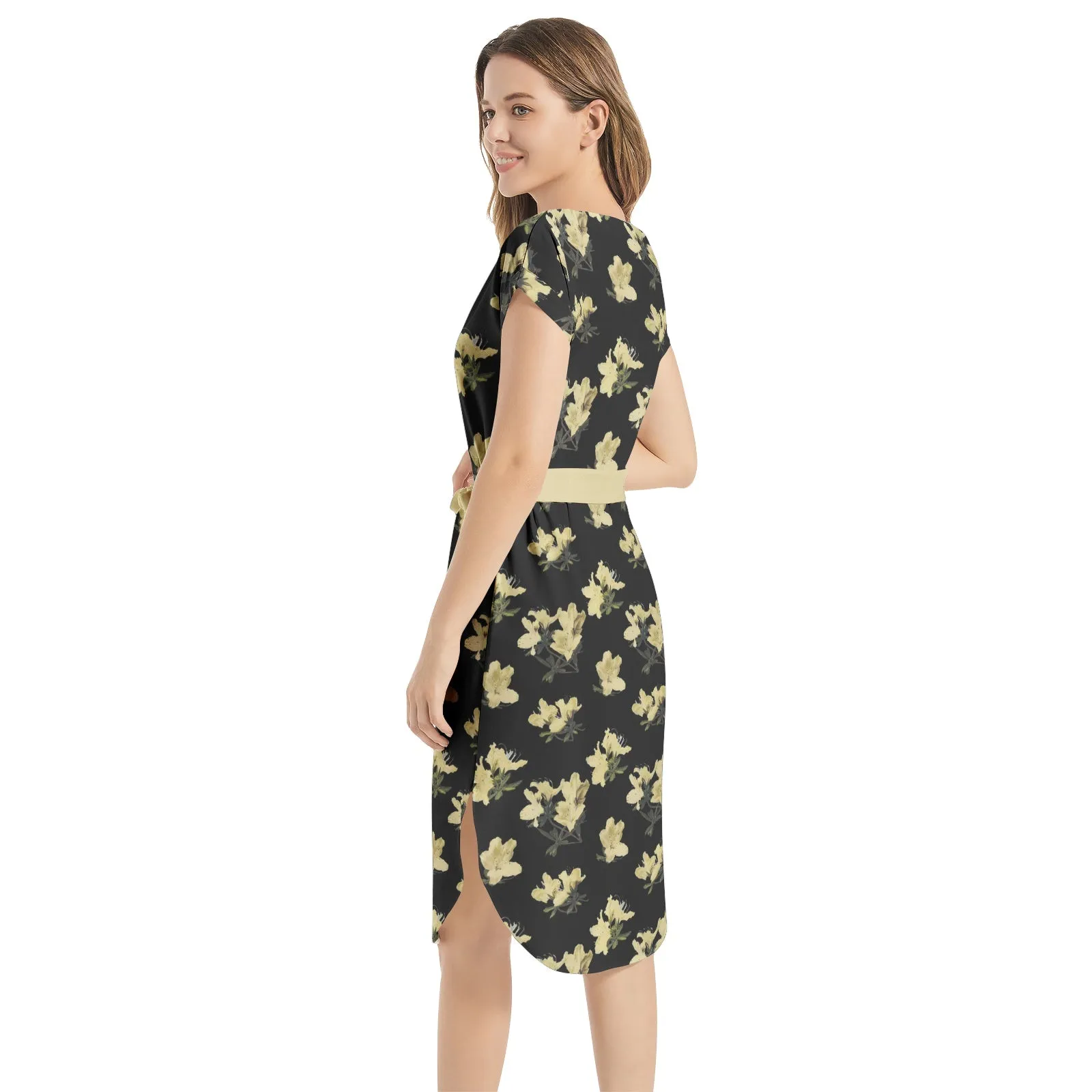 Azalea Print Notched Neck Belted Dress