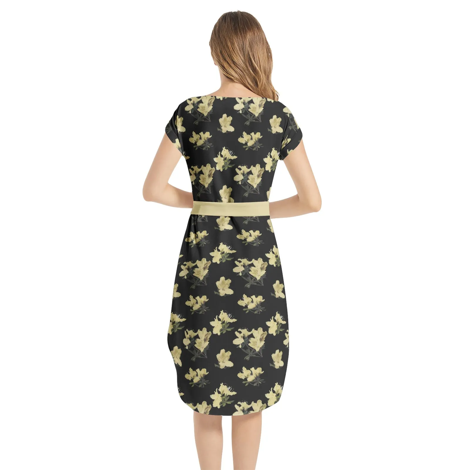 Azalea Print Notched Neck Belted Dress