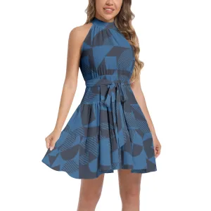 Bauhaus Blue Ruffle Hem Belted Halter Dress