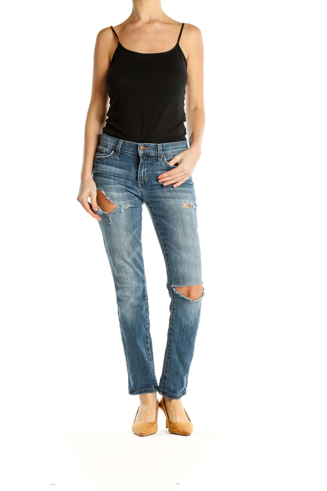 Blue Distressed Straight Leg Jeans