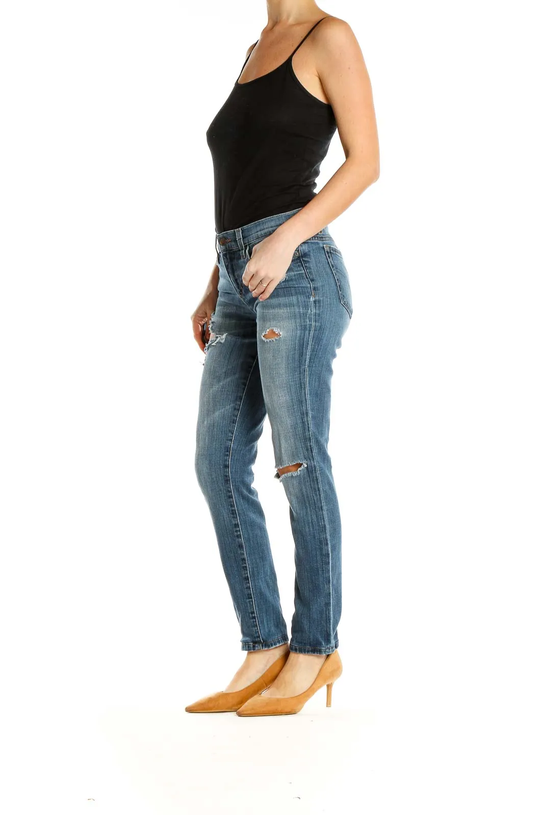 Blue Distressed Straight Leg Jeans
