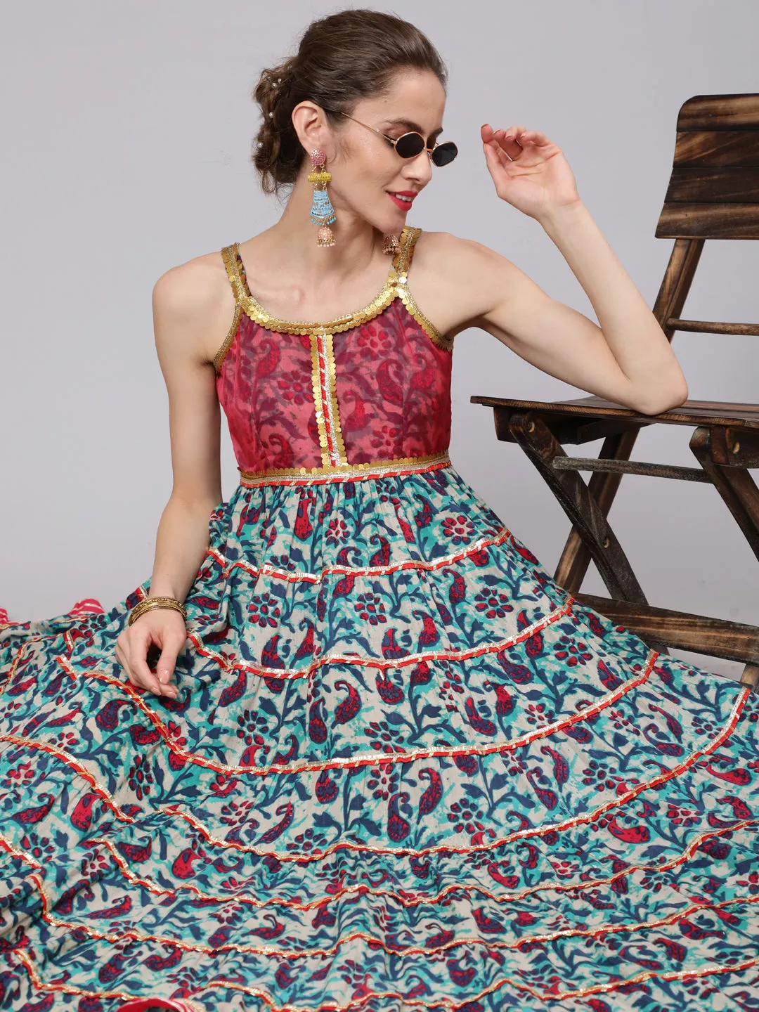 Blue Floral Print Tiered Maxi Dress With Lace Details