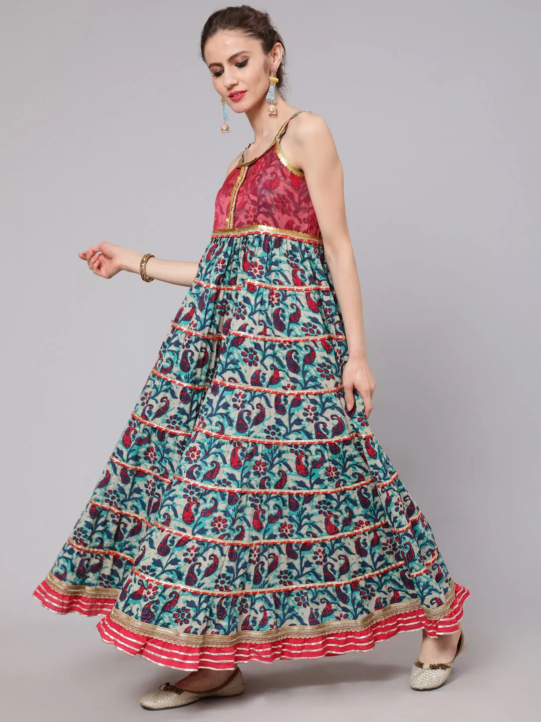 Blue Floral Print Tiered Maxi Dress With Lace Details