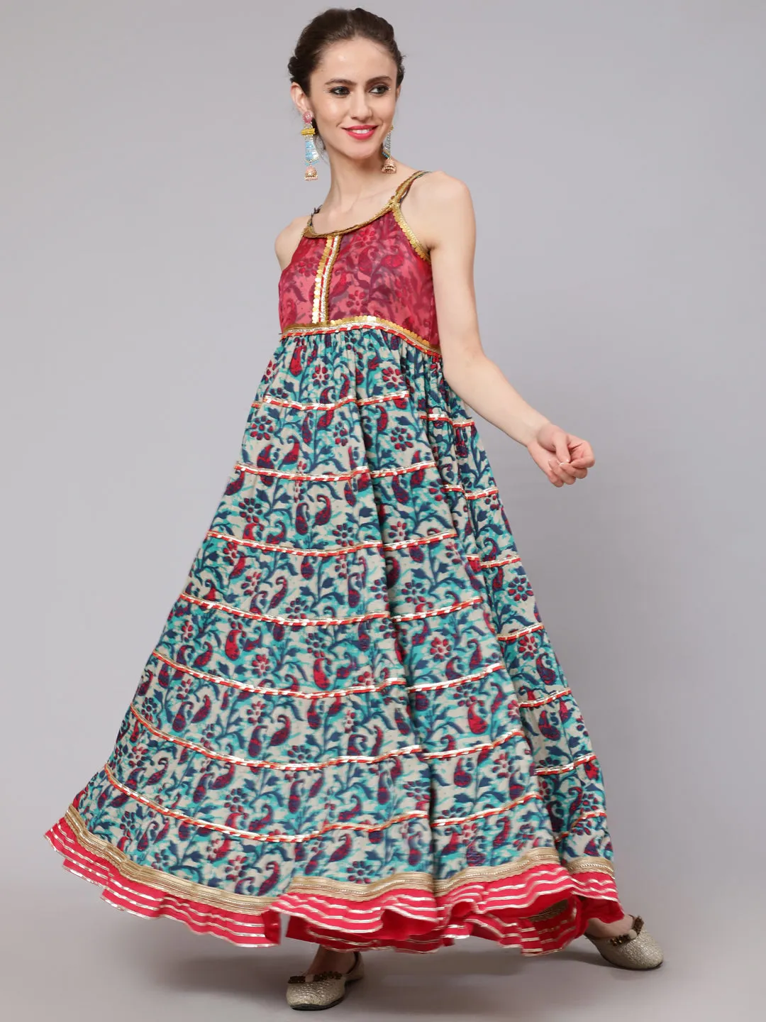 Blue Floral Print Tiered Maxi Dress With Lace Details