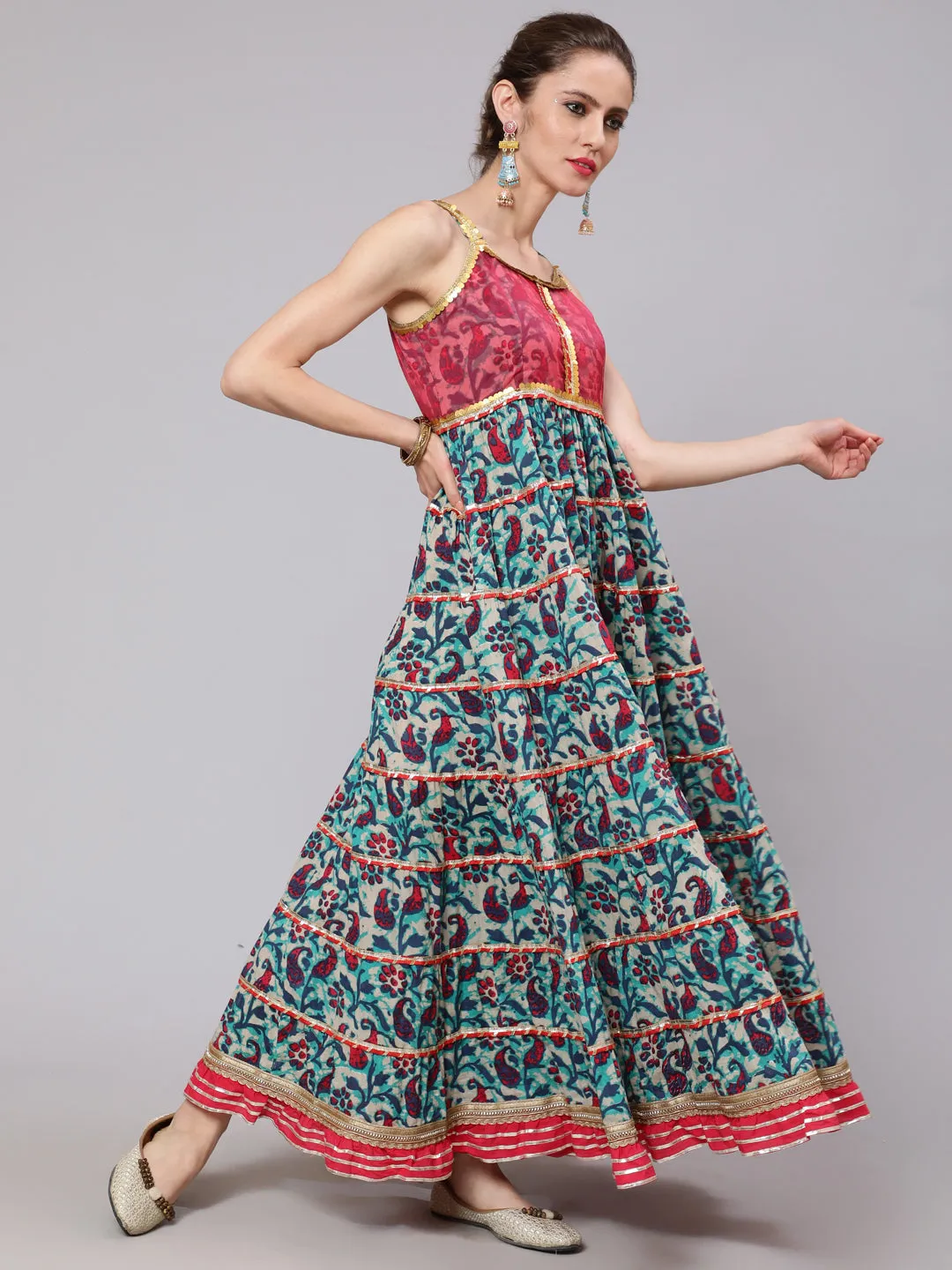 Blue Floral Print Tiered Maxi Dress With Lace Details