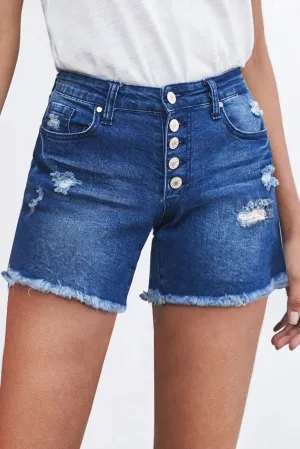 Blue Frayed Hem Single-Breasted Ripped Denim Shorts