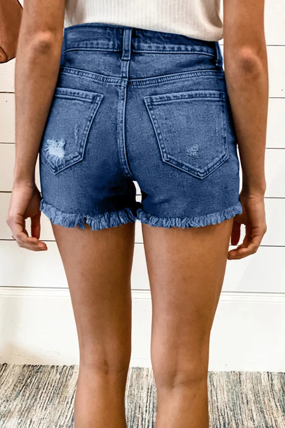 Blue Frayed Hem Single-Breasted Ripped Denim Shorts