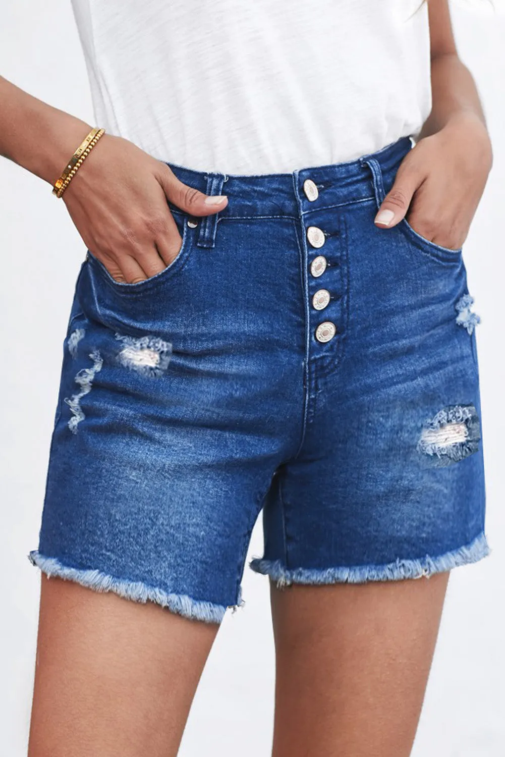 Blue Frayed Hem Single-Breasted Ripped Denim Shorts