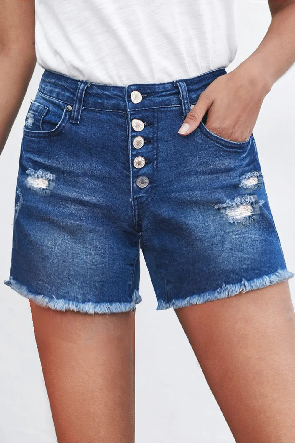 Blue Frayed Hem Single-Breasted Ripped Denim Shorts