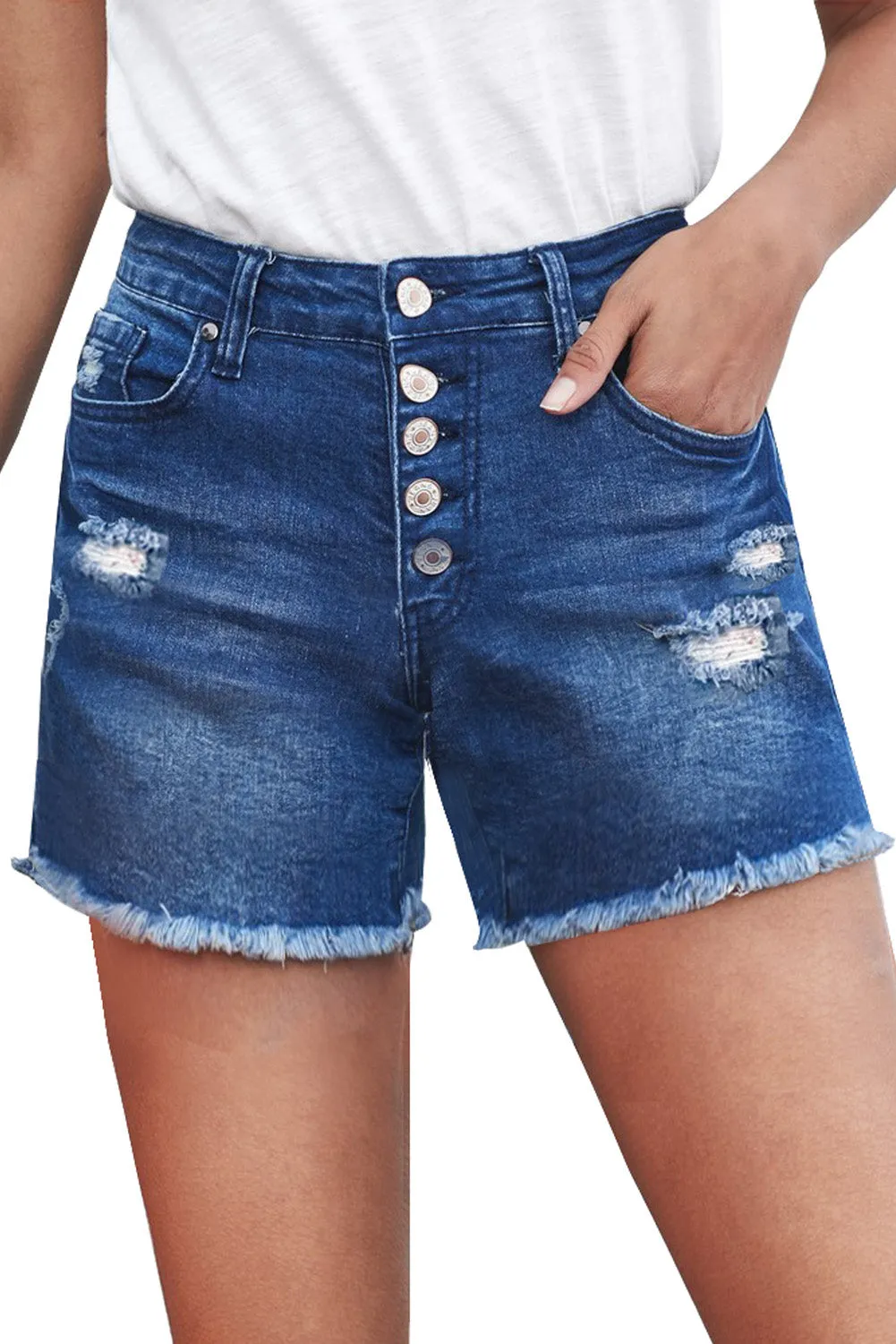 Blue Frayed Hem Single-Breasted Ripped Denim Shorts