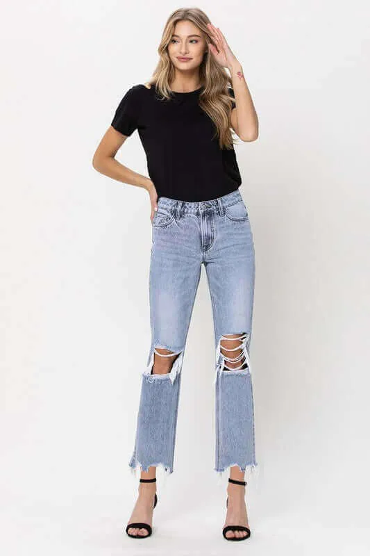 Blue Melody 90's Super High Rise Straight Crop Distressed Jeans