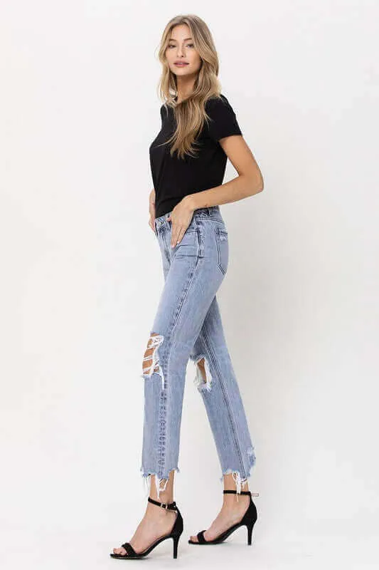 Blue Melody 90's Super High Rise Straight Crop Distressed Jeans