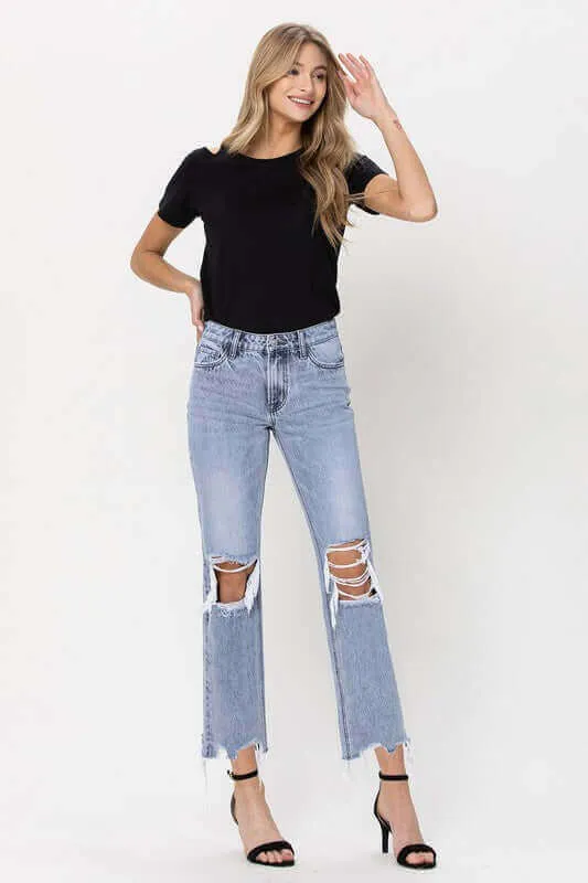 Blue Melody 90's Super High Rise Straight Crop Distressed Jeans