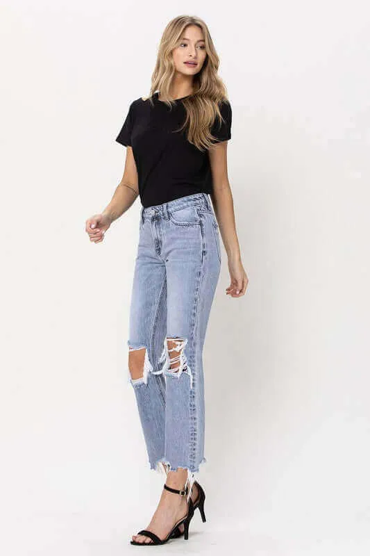 Blue Melody 90's Super High Rise Straight Crop Distressed Jeans