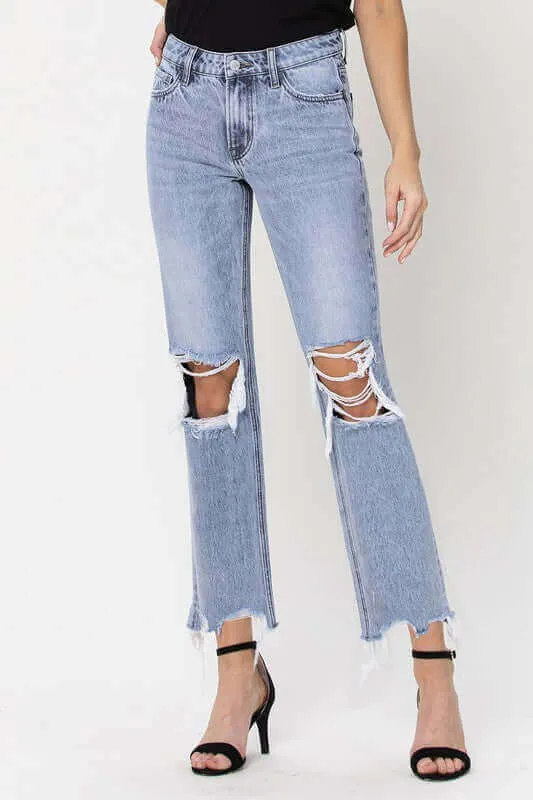 Blue Melody 90's Super High Rise Straight Crop Distressed Jeans