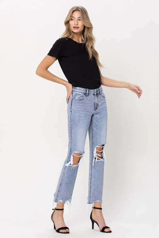 Blue Melody 90's Super High Rise Straight Crop Distressed Jeans
