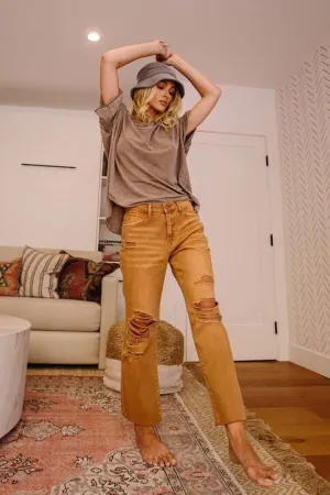 Chic High Rise Straight Crop: Autumnal Brown