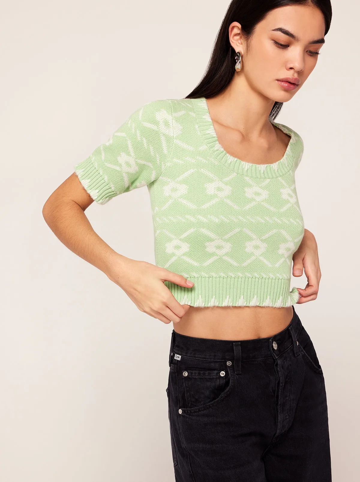 Dora Pistachio Floral Cropped Sweater