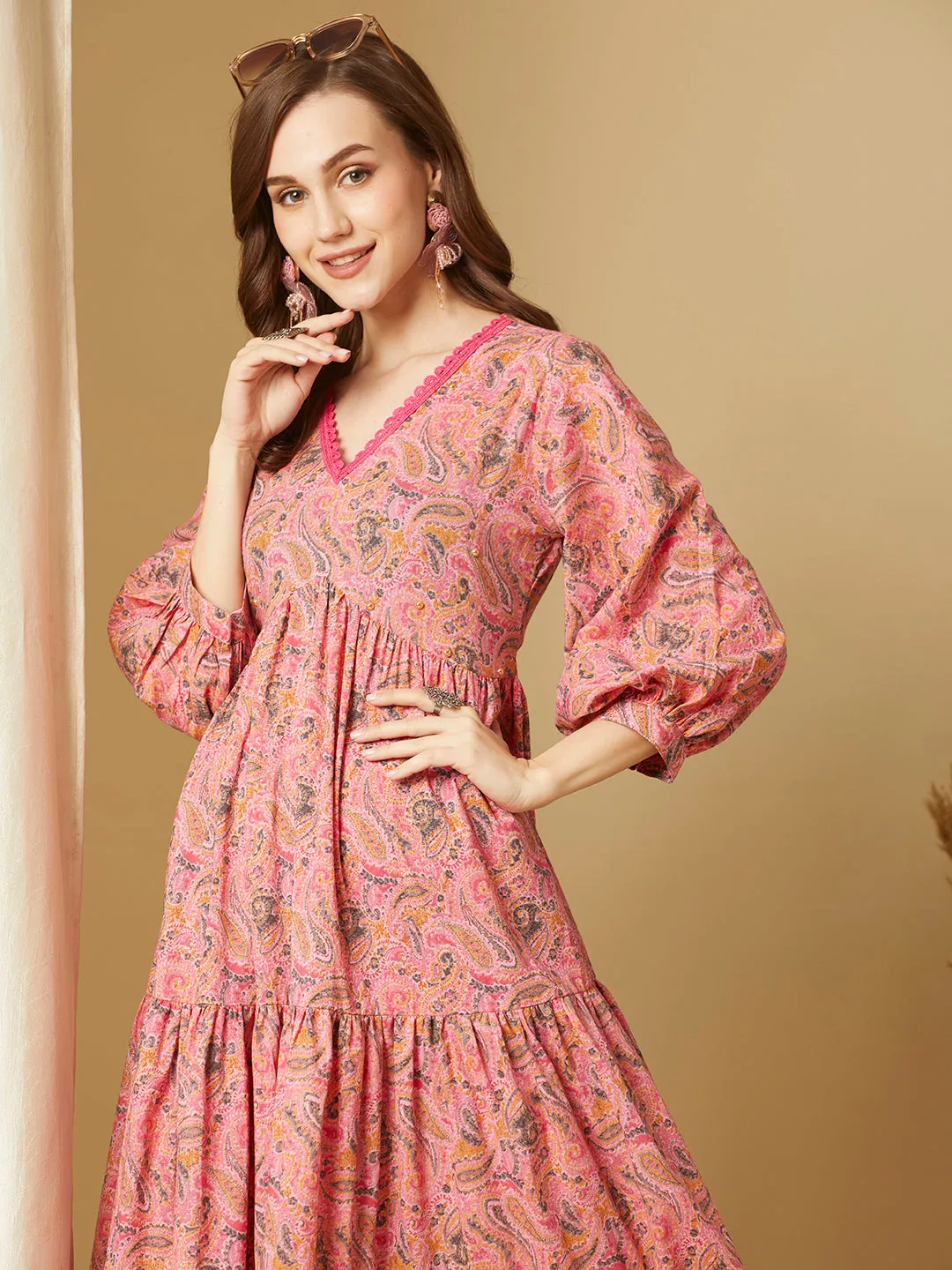 Ethnic Floral Printed A-Line Flared Tiered Maxi Dress - Pink