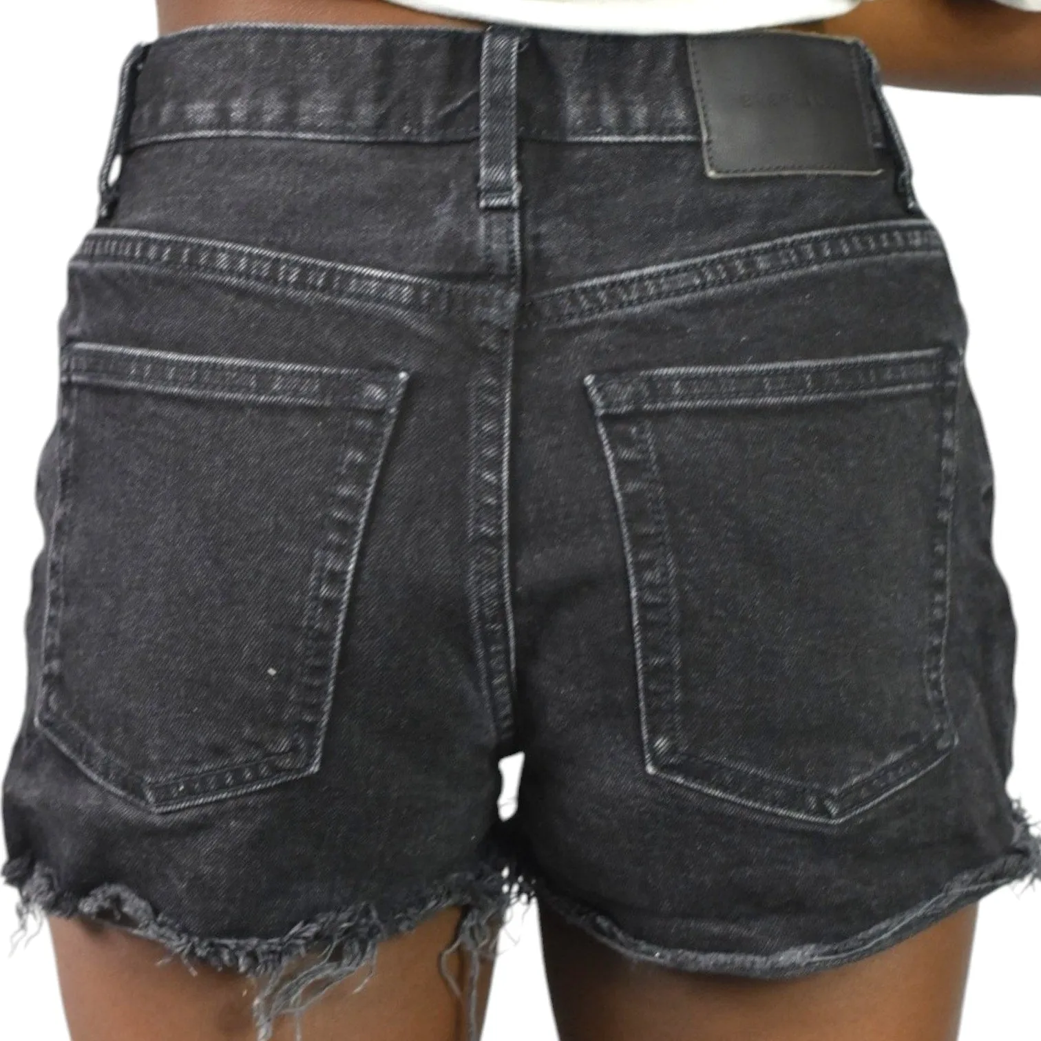 Everlane Cheeky Shorts Black Denim Jean Distressed Frayed Button Fly Low Stretch High Rise Size 23