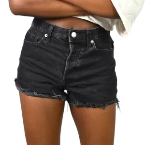 Everlane Cheeky Shorts Black Denim Jean Distressed Frayed Button Fly Low Stretch High Rise Size 23