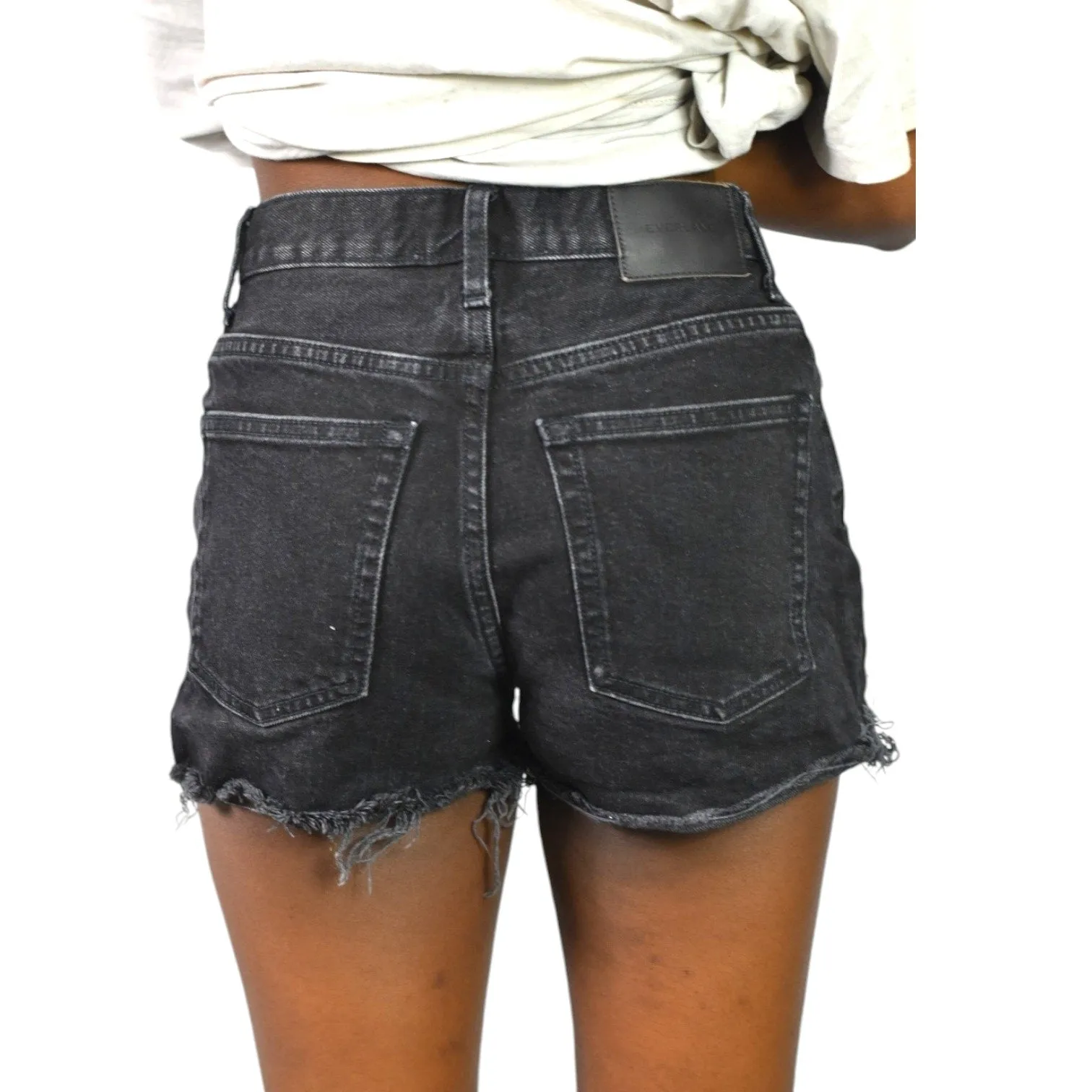 Everlane Cheeky Shorts Black Denim Jean Distressed Frayed Button Fly Low Stretch High Rise Size 23