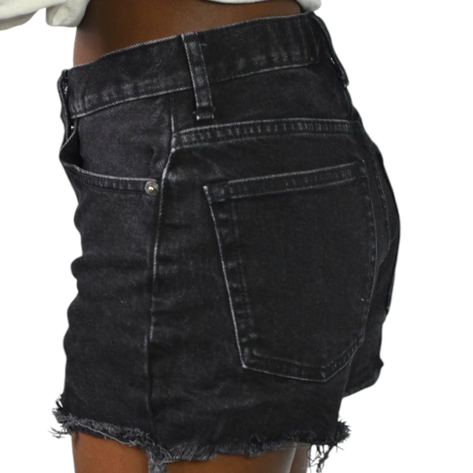 Everlane Cheeky Shorts Black Denim Jean Distressed Frayed Button Fly Low Stretch High Rise Size 23