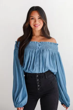 FINAL SALE - Utterly Pretty Blue Off-The-Shoulder Cropped Blouse - DU DEAL