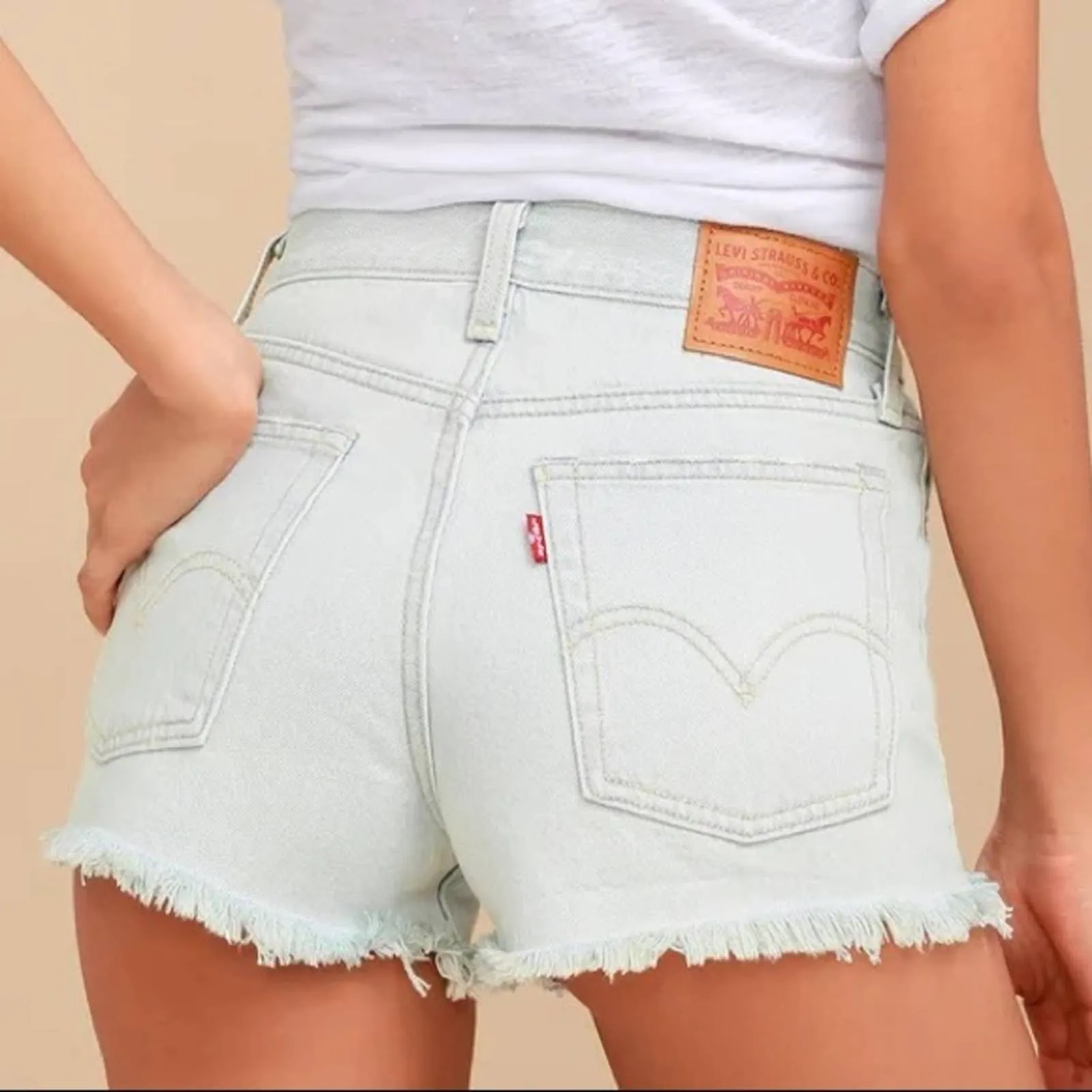 Levi’s Wedgie Fit Light Wash Distressed High Rise Shorts (25)