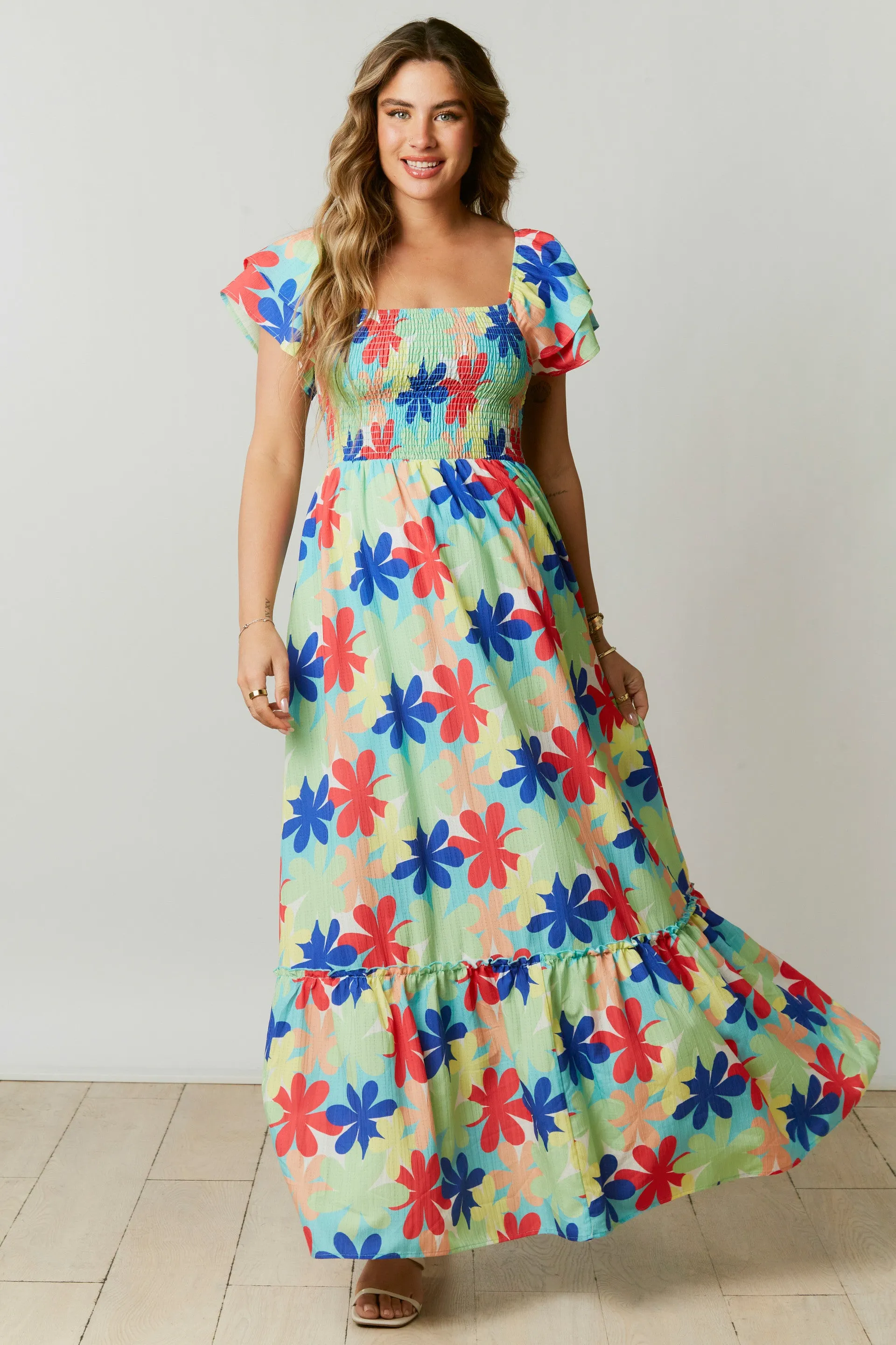 Multicolor Floral Print Smocked Maxi Dress