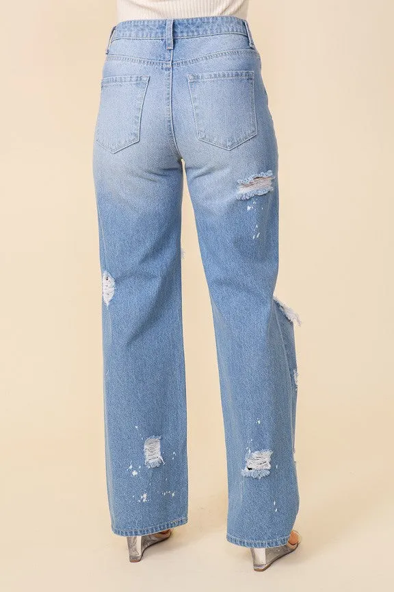 Out and About Distressed High Waisted Jeans - Light Denim