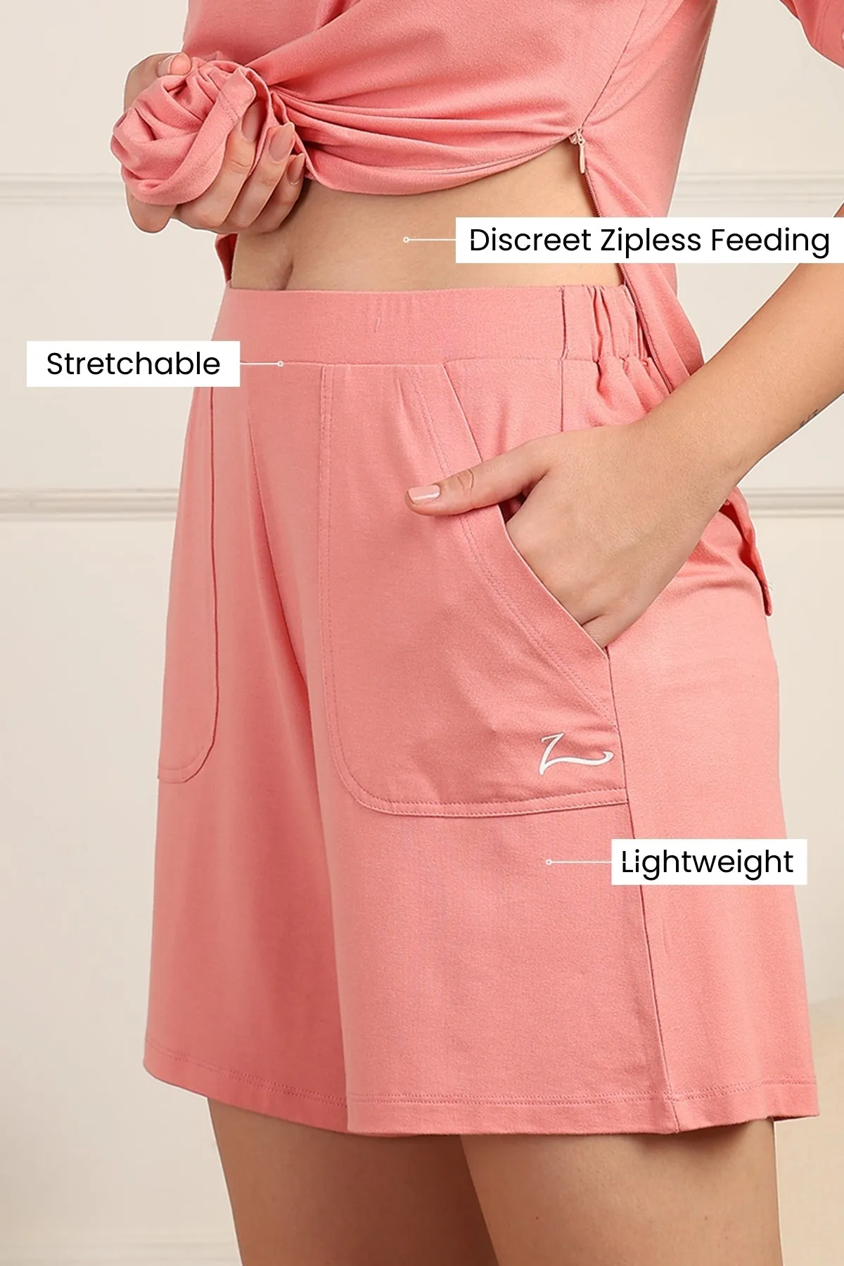 Peach Maternity Nursing Top & Shorts Set