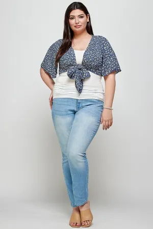 Plus Size Denim Blue Ditsy Floral Print Cropped Bolero Cardigan