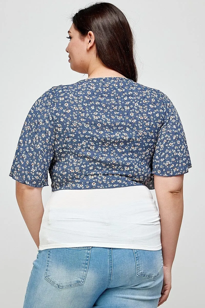 Plus Size Denim Blue Ditsy Floral Print Cropped Bolero Cardigan