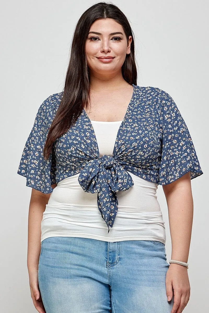 Plus Size Denim Blue Ditsy Floral Print Cropped Bolero Cardigan