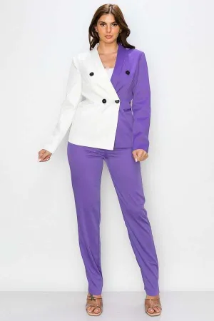 Purple/Ivory Two Tone Color Solid Blazer Pants Set