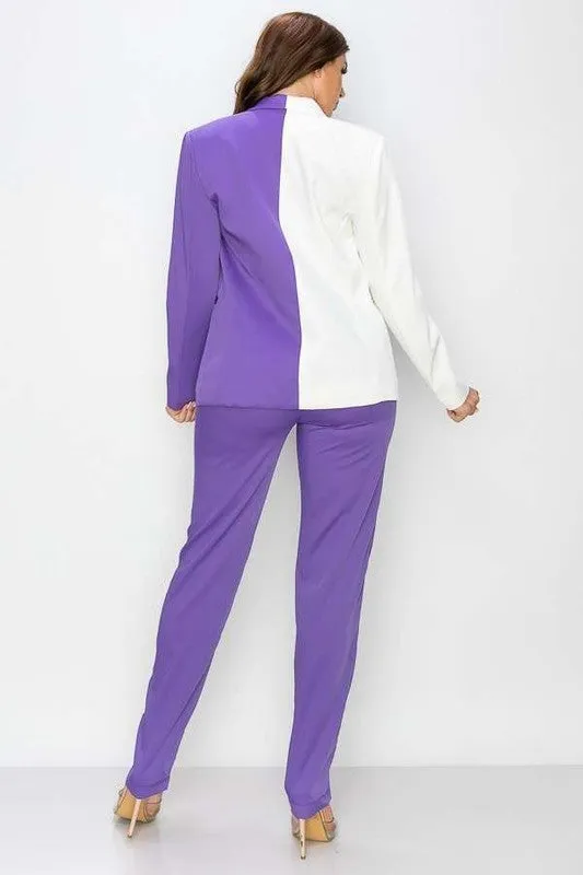 Purple/Ivory Two Tone Color Solid Blazer Pants Set