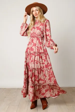 RUFFLE NECK LS PRINTED MAXI