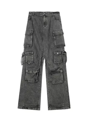 Thesupermade Street Stitching Multi-Pocket Workwear Washed Jeans
