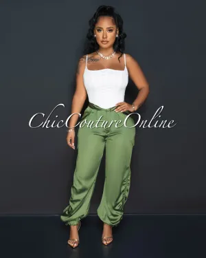 *Valerie Olive Green Silky Ruched Cargo Pants