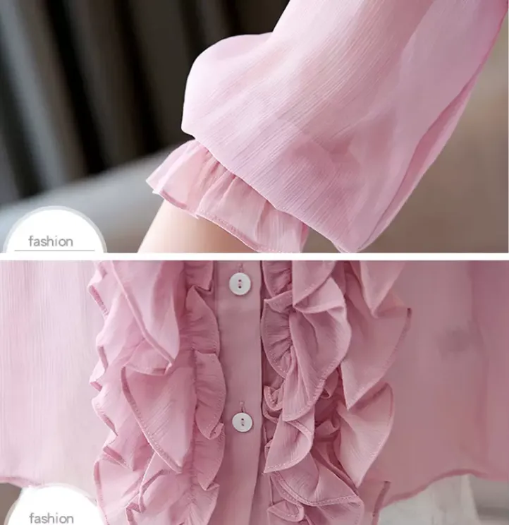 Women Summer Elastic Cuff Long Sleeve Off Shoulder Frilled Button Up Chiffon Blouse