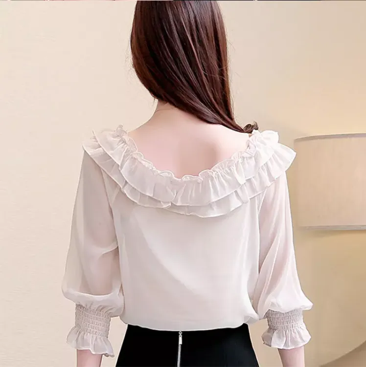 Women Summer Elastic Cuff Long Sleeve Off Shoulder Frilled Button Up Chiffon Blouse
