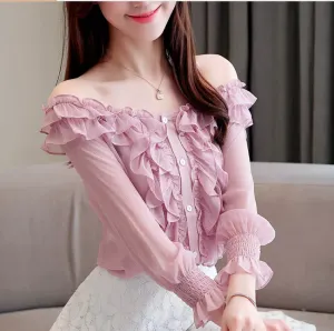 Women Summer Elastic Cuff Long Sleeve Off Shoulder Frilled Button Up Chiffon Blouse