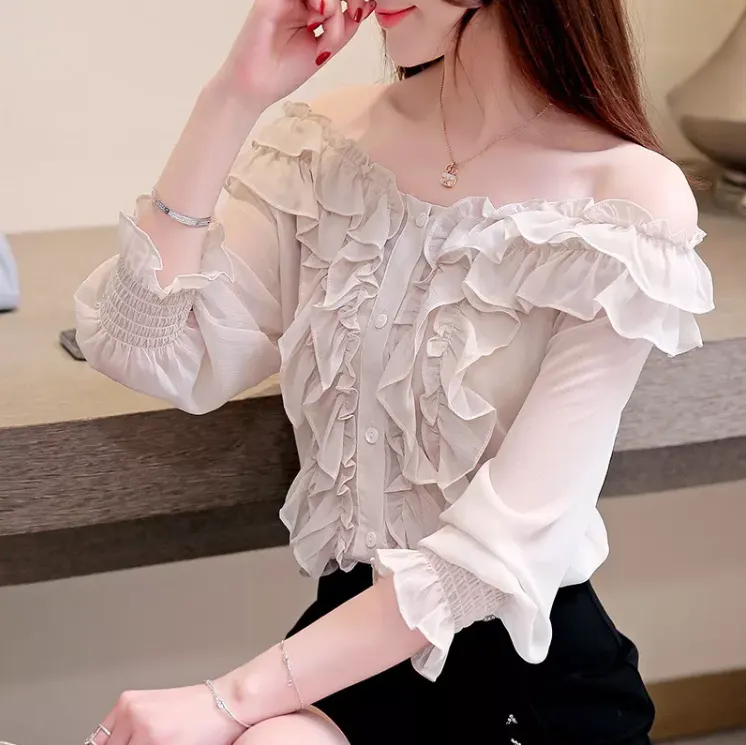 Women Summer Elastic Cuff Long Sleeve Off Shoulder Frilled Button Up Chiffon Blouse