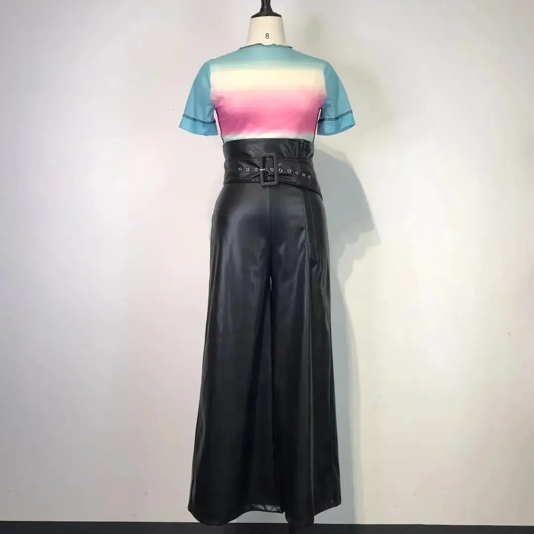 Women's Pants High Waist Vegan Leather Black Wide Leg Pants Loose