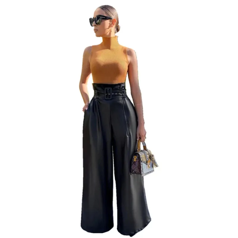Women's Pants High Waist Vegan Leather Black Wide Leg Pants Loose