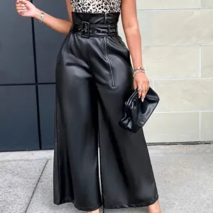 Women's Pants High Waist Vegan Leather Black Wide Leg Pants Loose
