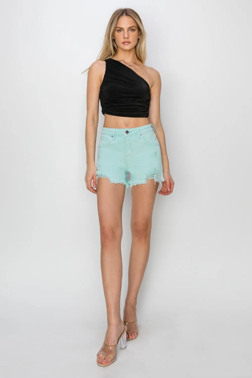 Women's RISEN Mid Waist Frayed Hem Denim Shorts